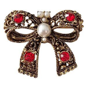 Premier Designs Red Rhinestone Bow Brooch Faux Pearl Pin Signed J332